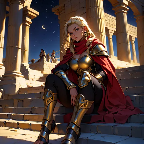 ​masterpiece, Best Quality, 4k, Very detailed, Background with: In front of egyptian temple stairs under the crescent moon in th...