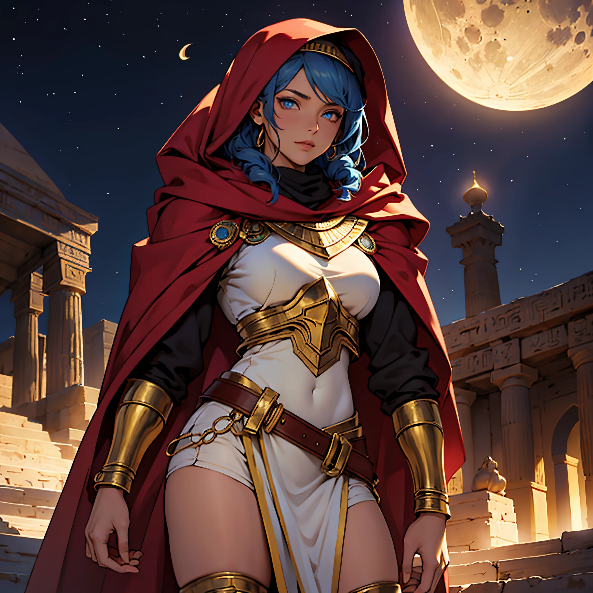 ​masterpiece, Best Quality, 4k, Very detailed, Background with: In front of the stairs of an Egyptian temple under the crescent moon in the desert night, Moroccan female warrior wearing Islamic armor, red hijab, Gold decoration,Blue Eyes, The perfect human body, Blue hair