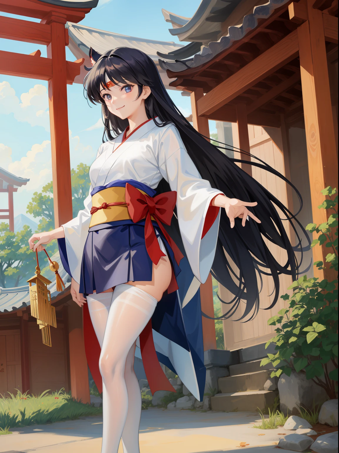 ​masterpiece, top-quality, absurderes, perfect anatomia, 1girl in, 独奏, Sailor Mars, Very long hair, partedbangs, poneyTail、((shrine maiden clothe))、((Kimono))、((a miniskirt)) cowboy  shot, A smile、((pantyhose))、(high-heels)、(golden cage)