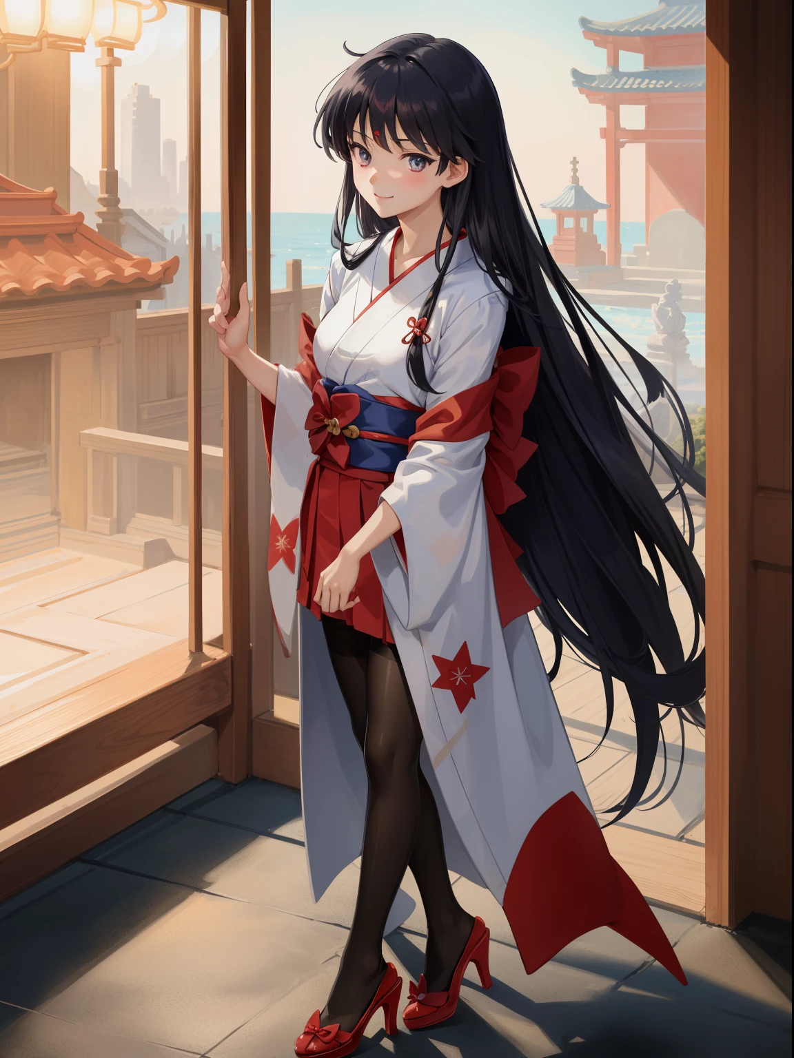 ​masterpiece, top-quality, absurderes, perfect anatomia, 1girl in, 独奏, Sailor Mars, Very long hair, partedbangs, poneyTail、((shrine maiden clothe))、((Kimono))、((a miniskirt)) cowboy  shot, A smile、((pantyhose))、(high-heels)、(golden cage)