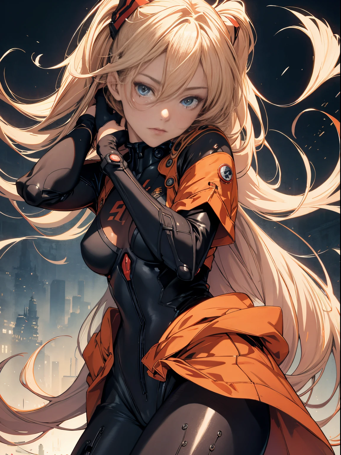 official art, unity 8k wallpaper, ultra detailed, beautiful and aesthetic, masterpiece, best quality, realistic, close-up, skindentation, souryuu asuka langley, interface headset, bodysuit under clothes, detailed eyes, detailed face, detailed hair, black background, straight-on, looking at viewer, glossy,