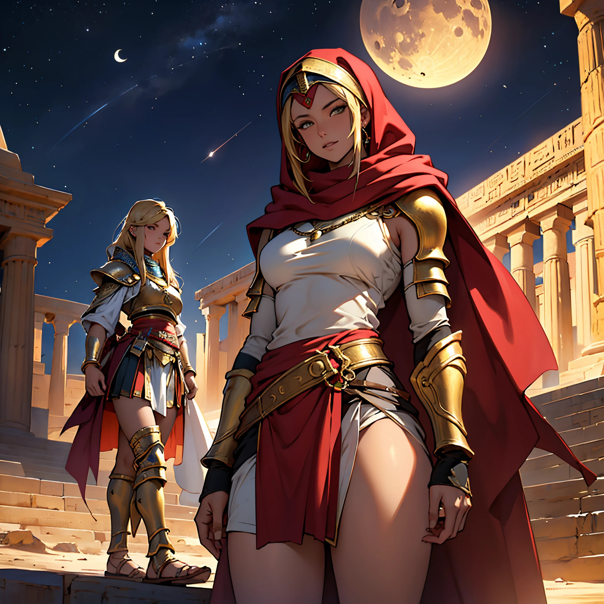 ​masterpiece, Best Quality, 4k, Very detailed, Background with: In front of egyptian temple stairs under the crescent moon in the desert night, Moroccan female warrior wearing Islamic armor(1 person),very large, red hijab, Fantasy, The perfect human body, a blond