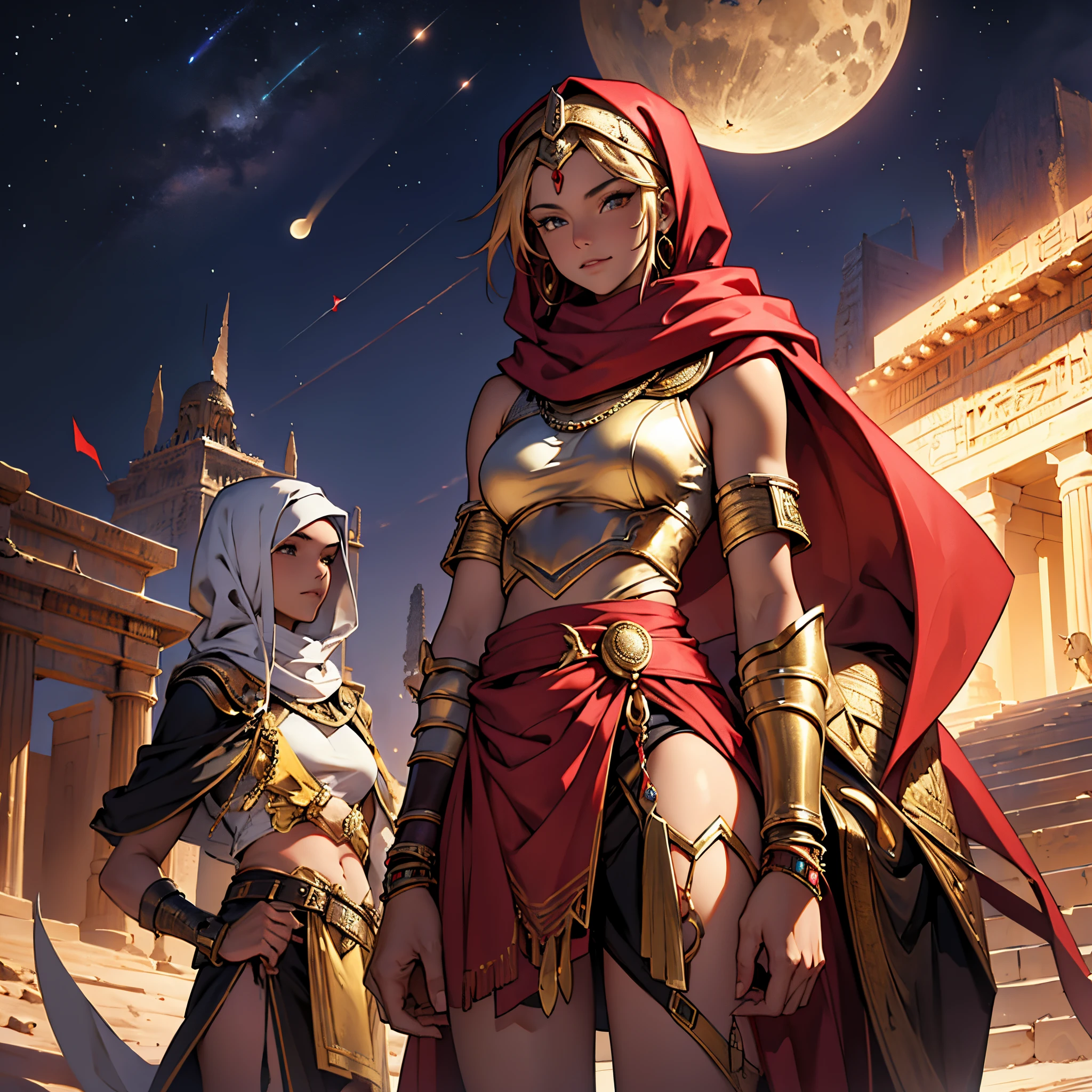 ​masterpiece, Best Quality, 4k, Very detailed, Background with: In front of egyptian temple stairs under the crescent moon in the desert night, Moroccan female warrior wearing Islamic armor(1 person),very large, red hijab, Fantasy, The perfect human body, a blond