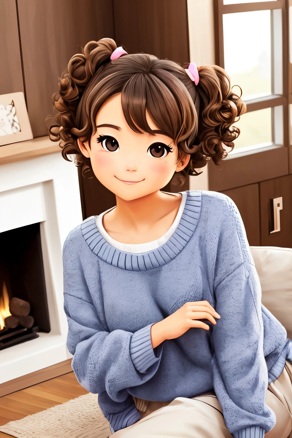 Shoulder sweater, Curly shorthair, hair scrunchie, Twin-tailed, kawaii pose、ssmile、Simple modern living room background with fireplace、Taken from the side、Strong bokeh