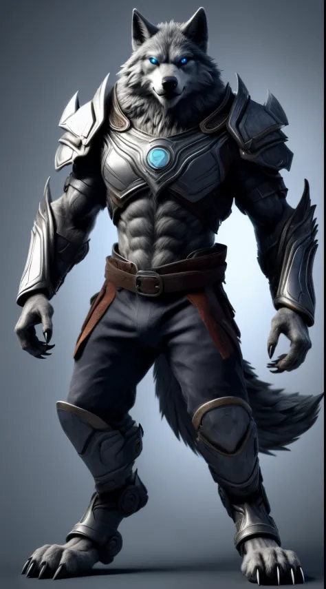 (character_design), concept art, model sheet, anthro, canid, mammal, canine, solo, armor, male, wolf, fur, claws, canis, hi res, standing, fingers, blue eyes, muscular anthro, muscular, were, clothing, muscular male, werecanid, 5 fingers, white body, digital media (artwork), simple background, white fur, black nose, grey body, front view, biped, pauldron, grey fur