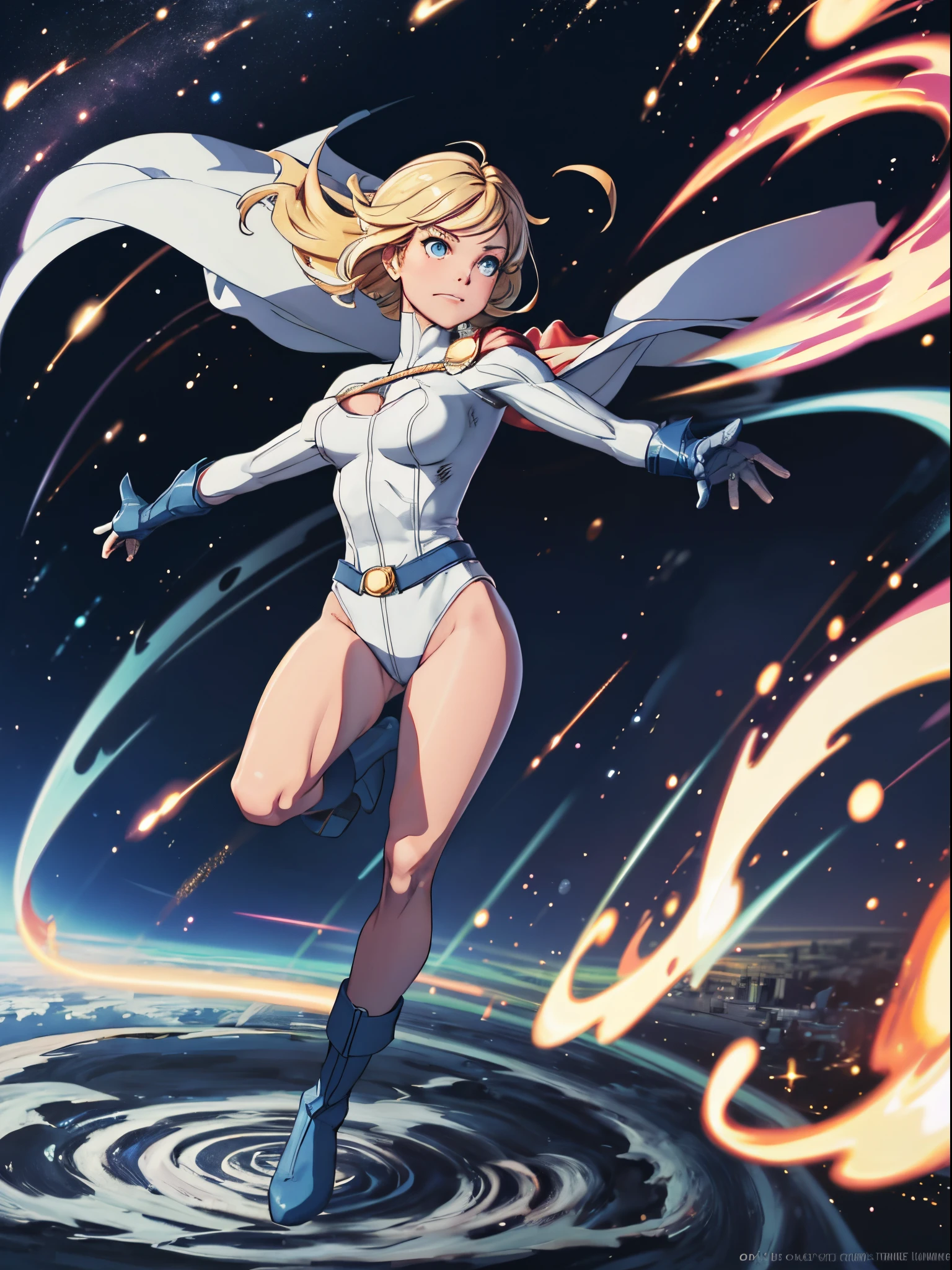 1girl, leotard, CARTOON_DC_powergirl_ownwaifu, bare legs, boots, gloves, space, solo, single, spread arms, standing, spinning like a tornado, light particles, sparkling, super speed, solo, single, speed lines, blonde hair, blue eyes, rapid gyration, tornado spin, twirling, cyclone spin, light swirls, superpower