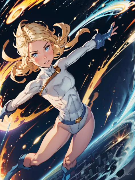 1girl, leotard, CARTOON_DC_powergirl_ownwaifu, bare legs, boots, gloves, space, solo, single, spread arms, standing, spinning li...