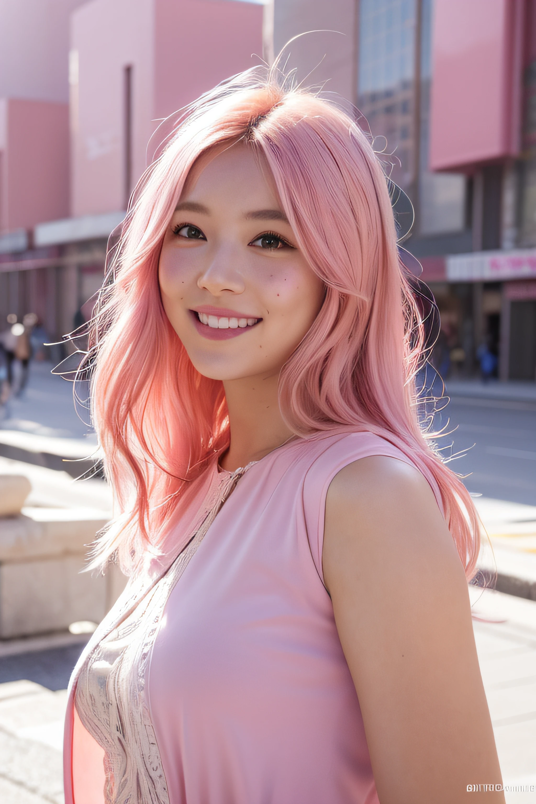 (RAW photo) extra detailed body、extra detailed face、best qualtiy:1.2)、femele、looking at the viewers、(A pink-haired、Lunette de soleil、17 age、a smile、Flashy clothes)、(Pink architecture on background:1.4)、Midjourney Worldview soft volumetric lights, soft key and fill lighting, (backlit:1.3), (cinematic:1.3), intricate details, (ArtStation:1.2), skin blemishes, (freckles:0.9), detailed eyes, micro details, FUJI XT3, photorealistic, photorealism