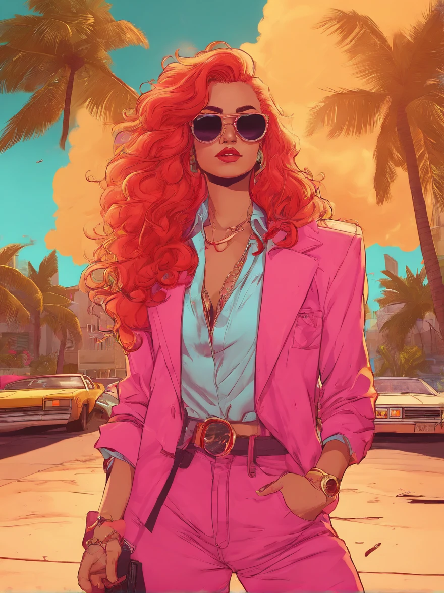 1980s Miami vice-style ,woman with flowy red hair Maxed Out Realistic Graphics Mod With Ray Tracing Gameplay On RTX4090 Ultra Settings 4K60FPS, anti aliasing shot on a Sony mirrorless camera, DSLR, 50mm lens f/2.8, ultra detailed, 8k, --v 4