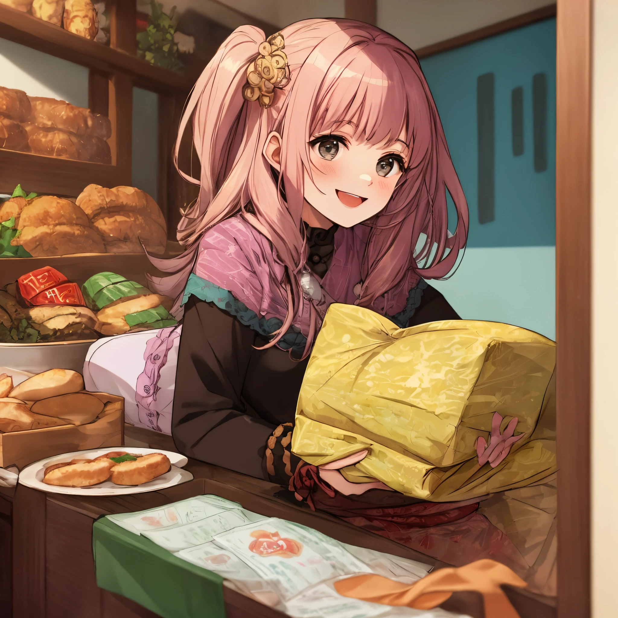 Anime girl with pink hair holding a bag of food in front of a counter -  SeaArt AI