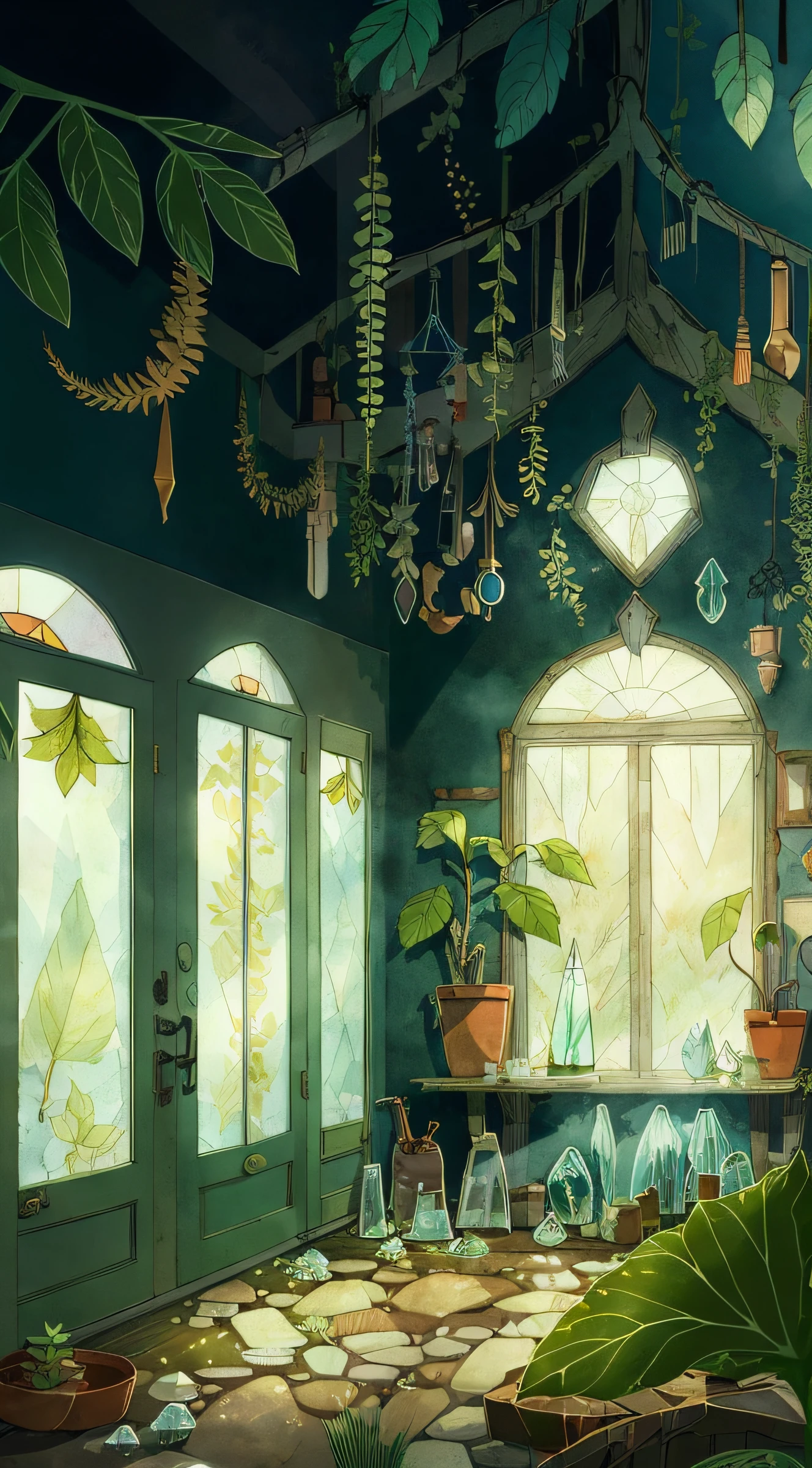 (masterpiece), (best quality), HDR, Song of the Sea,
(Plant sheds:1.3), indoor, glass, Clear light, crystal, ethereal, Dappled shadows of leaves,
Cartoon, texture, 2d illustration, high contrast, outlines, (minimalism),