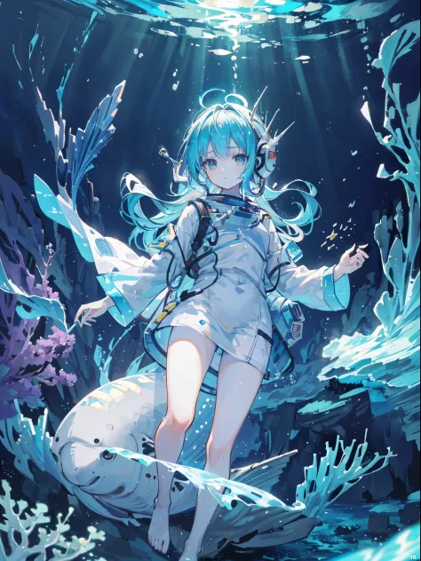Female astronaut (((swimming under the sea with fish))), colorful fish, algae, shipwreck, full body, {extremely detailed 16k CG ...