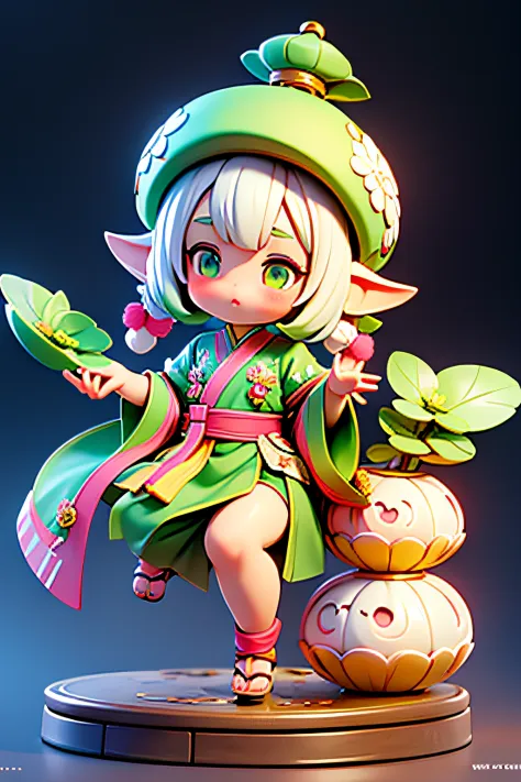 full body lesbian(mini q version)，cute chinese manchu girl，early spring clothing，man in green，lotus leaf shaped hat，lotus in han...