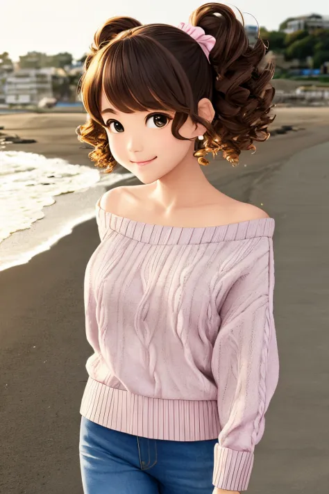 Shoulder sweater, Curly shorthair, hair scrunchie, Twin-tailed, kawaii pose、ssmile、Stroll along the seaside path