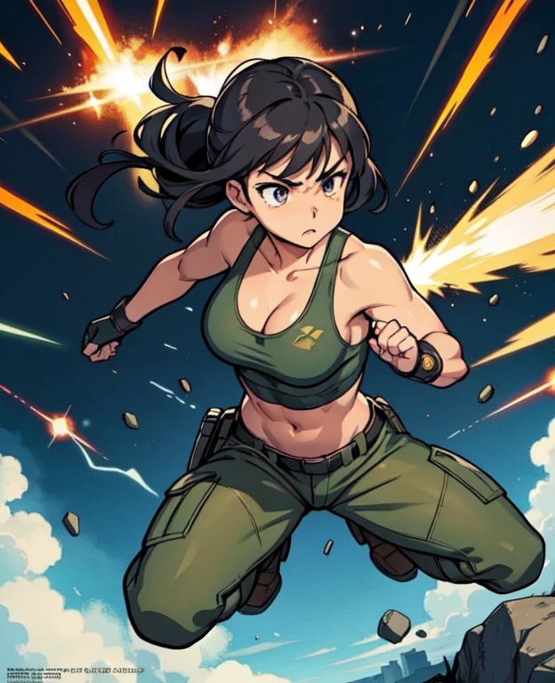 Full body, hq artwork, 24 year old, Filipino Woman, tan skin, short black hair, wearing marine corps uniform, athletic physique, strong muscles, military girl, soldier girl, infantry girl, camouflage uniform, torn tank top, belly button, gloves, torn military pants, small, cleavage, expression of determination, attack action, face close-up, action with impact, fighting on the battlefield, full body, background is ruined city, most strongest pose, female action anime girl, full body, striking manga artstyle, official art, official artwork, power girl, closeup view, badass pose, anime cover, wallpaper!, full art