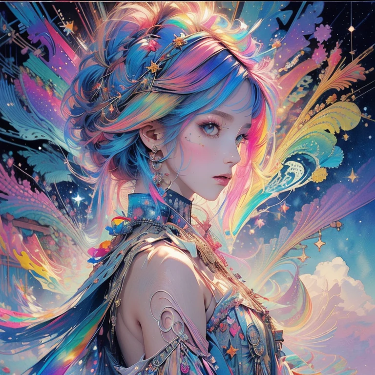 (masterpiece, top quality, best quality,watercolor (medium),official art, beautiful and aesthetic:1.2),(1girl:1.3), (fractal art:1.3),upper body, from side, looking at viewer,patterns,(rainbow color Hair,colorful hair,half blue and half pink hair:1.2),water,liquid, cloud,colorful, starry,stars,