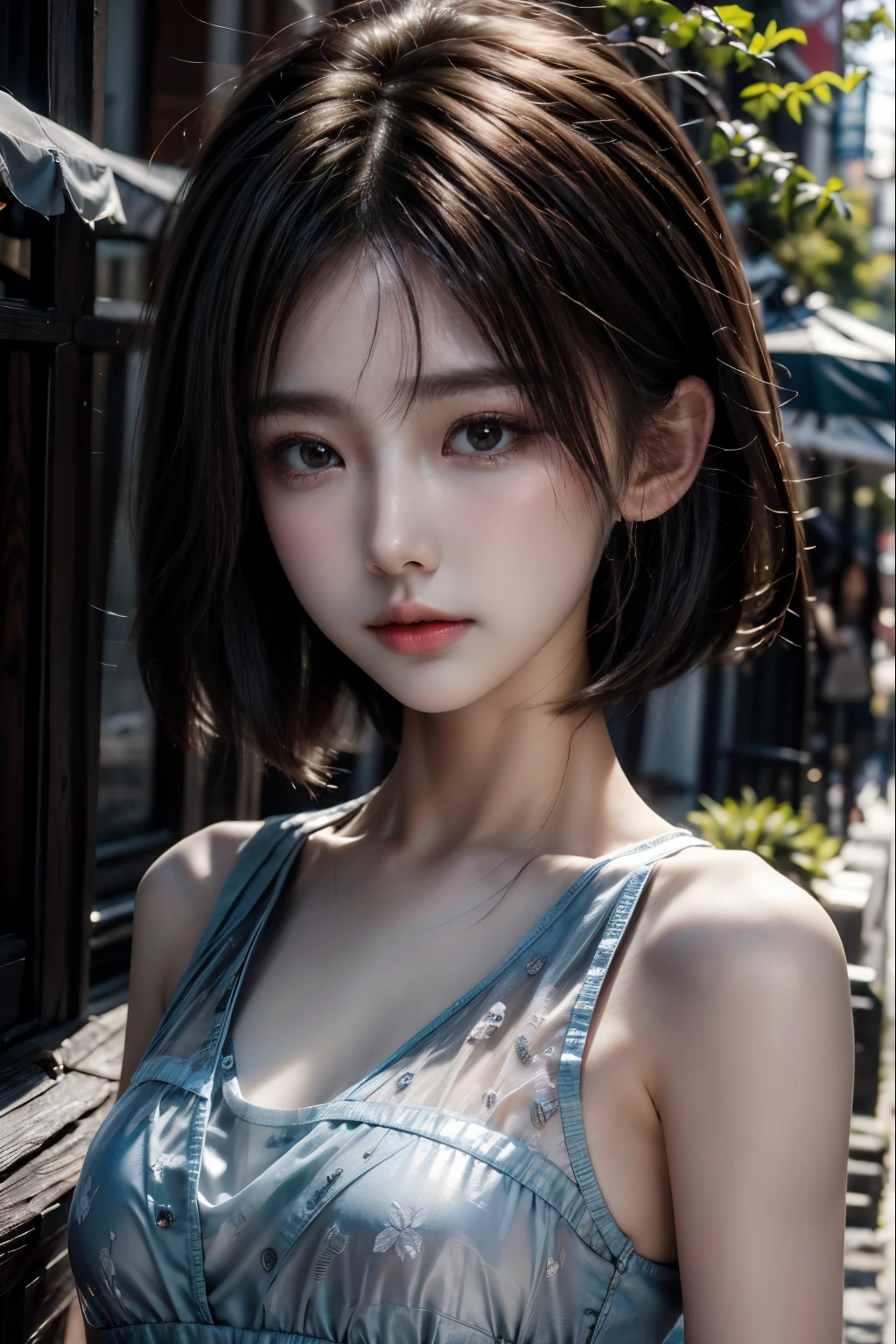 woman，Short hair, outdoor fair skin, messy hair, the sun is super cute，Soft and face，brown  hair，8K resolution，Ultra photo realsisim，ultra-definition，Soft body，A-cup small breasts（（Highest definition，8K，tmasterpiece：1.3）），Ultra clear face，Ultra-clear lips，Fine Eye，double eyelid，black see-through：1.1