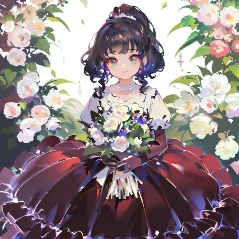 Anime girl in white dress holding a bouquet of white flowers, guweiz, guweiz on pixiv artstation, loli in dress, A masterpiece b...