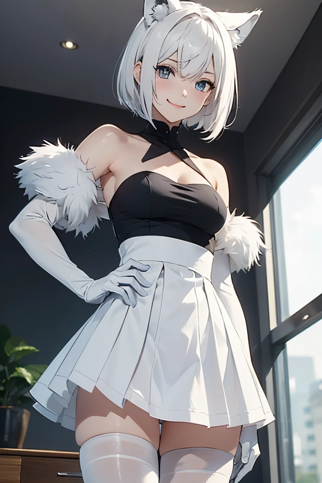 masutepiece　high-level image quality　Top image quality　8k　adult lady（i&#39;m）　White Long Gloves（（blanche）（Long gloves））　white panty hose（blanche）　Uniforms（（blanche）（Tube Top）a miniskirt）　Wolf ears　shorth hair（（short-cut）（White hair）（Habitual hair）（fluffly））　Eye color is blue　a smile　is standing