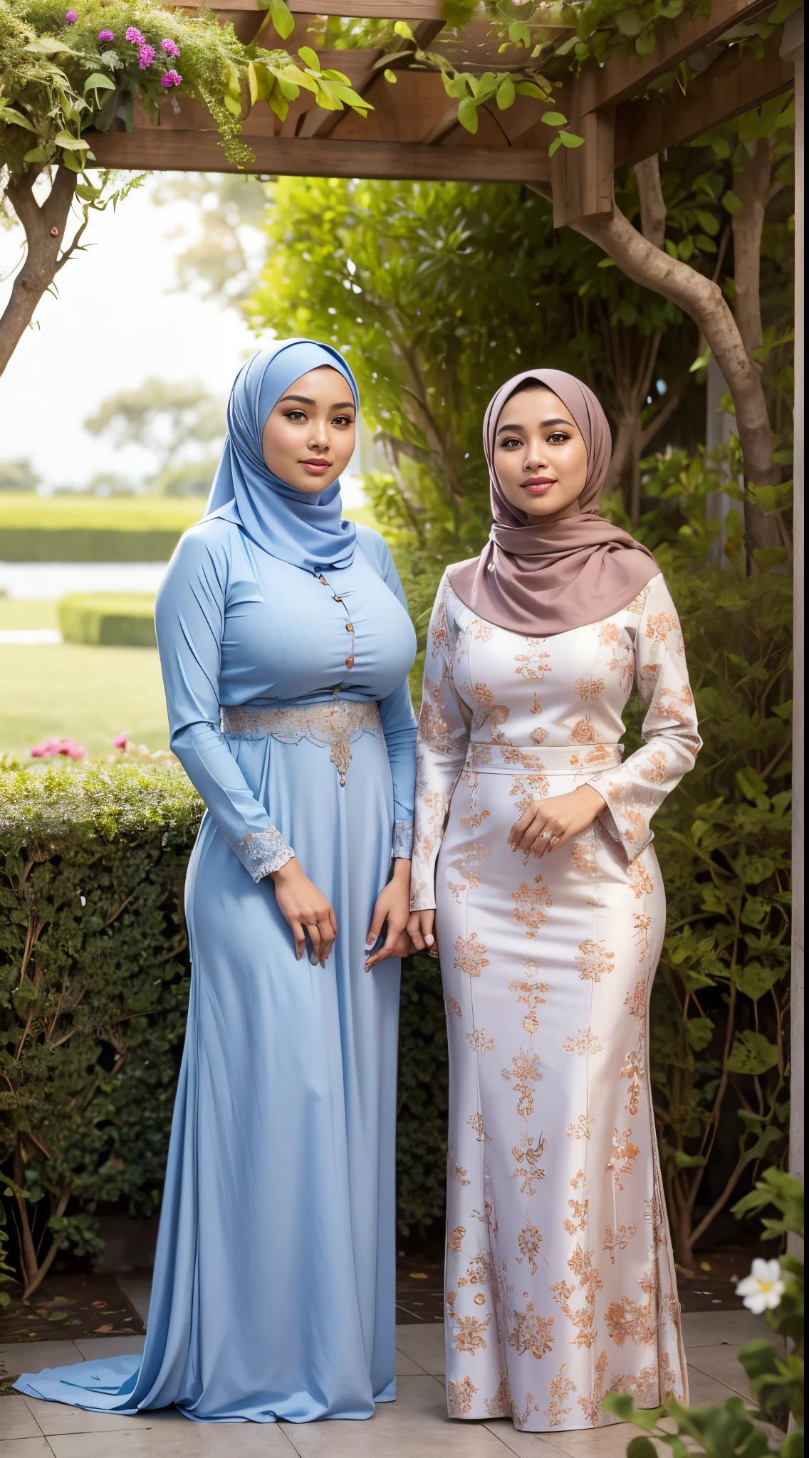 Two women in blue dresses standing next to each other - SeaArt AI