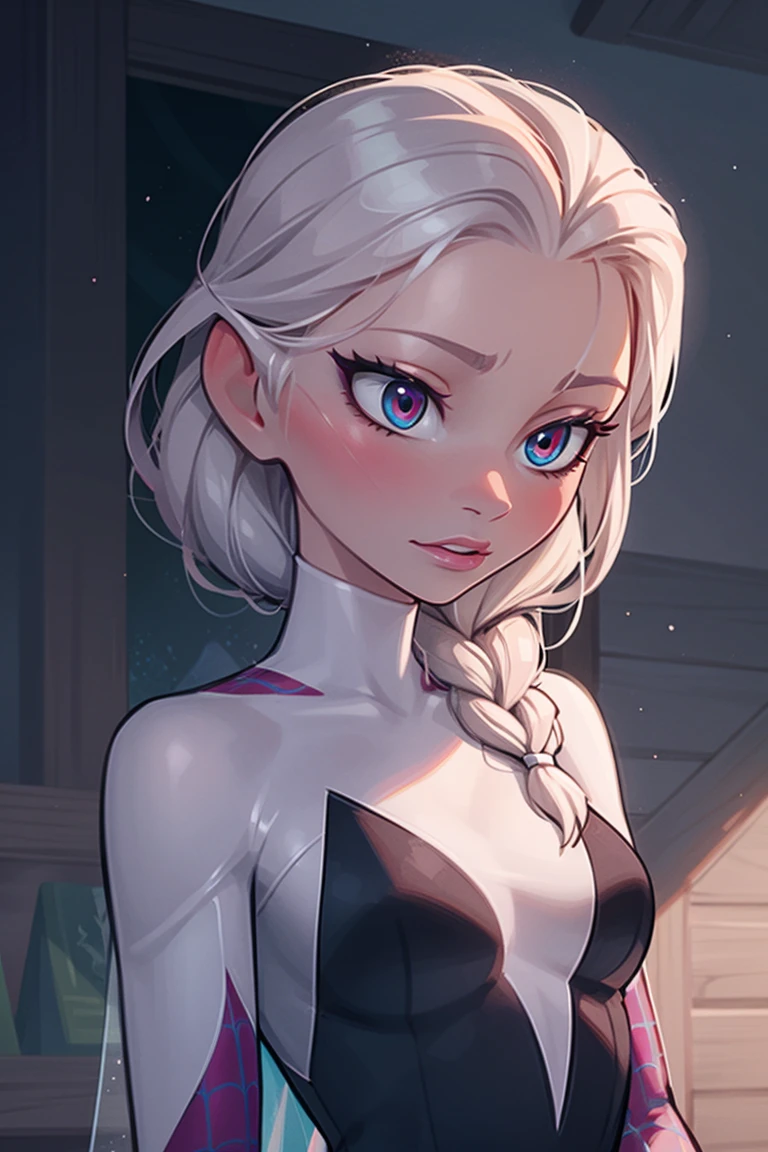 elsa of arendelle wearing Spidergwen-Kostüm,  Spidergwen-Kostüm, Oberkörper, blaues Icey Kostüm, flechten, menschlich, elsa of arendelle, Disney eingefroren, elsa (Frozen), Kein Pony, klares Haar