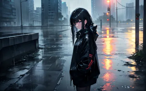 Cyberpunk lights Style, (((best quality))) perfect face:1.2) (view from a top angle:1.2) full body, (standing:1.2) a girl wearing a long sweatshirt, black sweatshirt, a girl wet from the rain (hands on pocket:1.2) (Black hair:1.2) (top angle:1.2) (3 vanish...