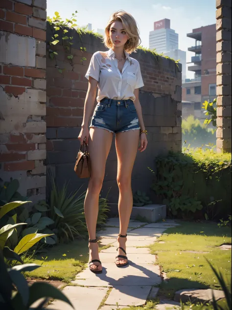 2076 year. The Urban Ruins of the Wasteland, Female huntress picking fruit in the garden, beautiful face, blonde, badly torn shirt and denim shorts , muscular legs, sweating through, sun rising, Nice warm colors, head to toe, full body shot, pretty hands, ...