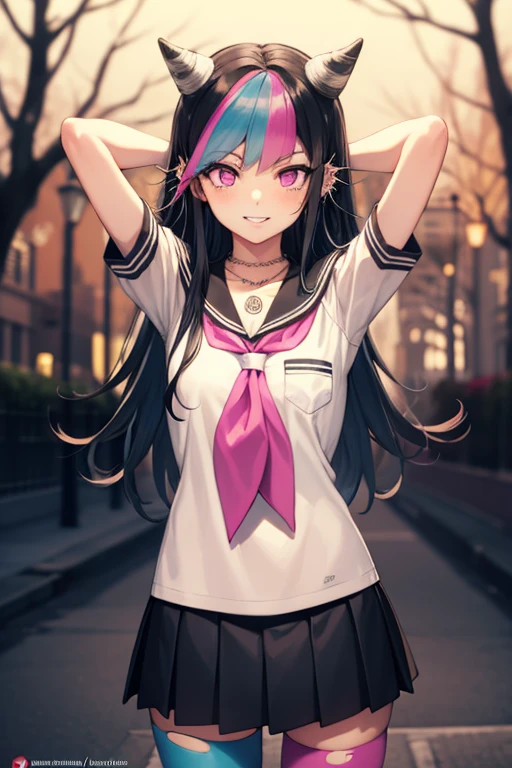 ibukimioda, ibuki mioda, black hair, blue hair, hair horns, ear piercing, lip piercing, long hair, multicolored hair, (pink eyes:1.5), pink hair, white hair,
BREAK asymmetrical legwear, black skirt, blue thighhighs, jewelry, mismatched legwear, neckerchief, necklace, piercing, pleated skirt, ring, school uniform, serafuku, shirt, skirt, thighhighs, torn clothes, torn thighhighs, zettai ryouiki,
BREAK looking at viewer, 
BREAK  forest, dark sky, {arms behind head}, contrapposto, spread armpit, grin, anime art style,
BREAK (masterpiece:1.2), best quality, high resolution, unity 8k wallpaper, (illustration:0.8), (beautiful detailed eyes:1.6), extremely detailed face, perfect lighting, extremely detailed CG, (perfect hands, perfect anatomy),