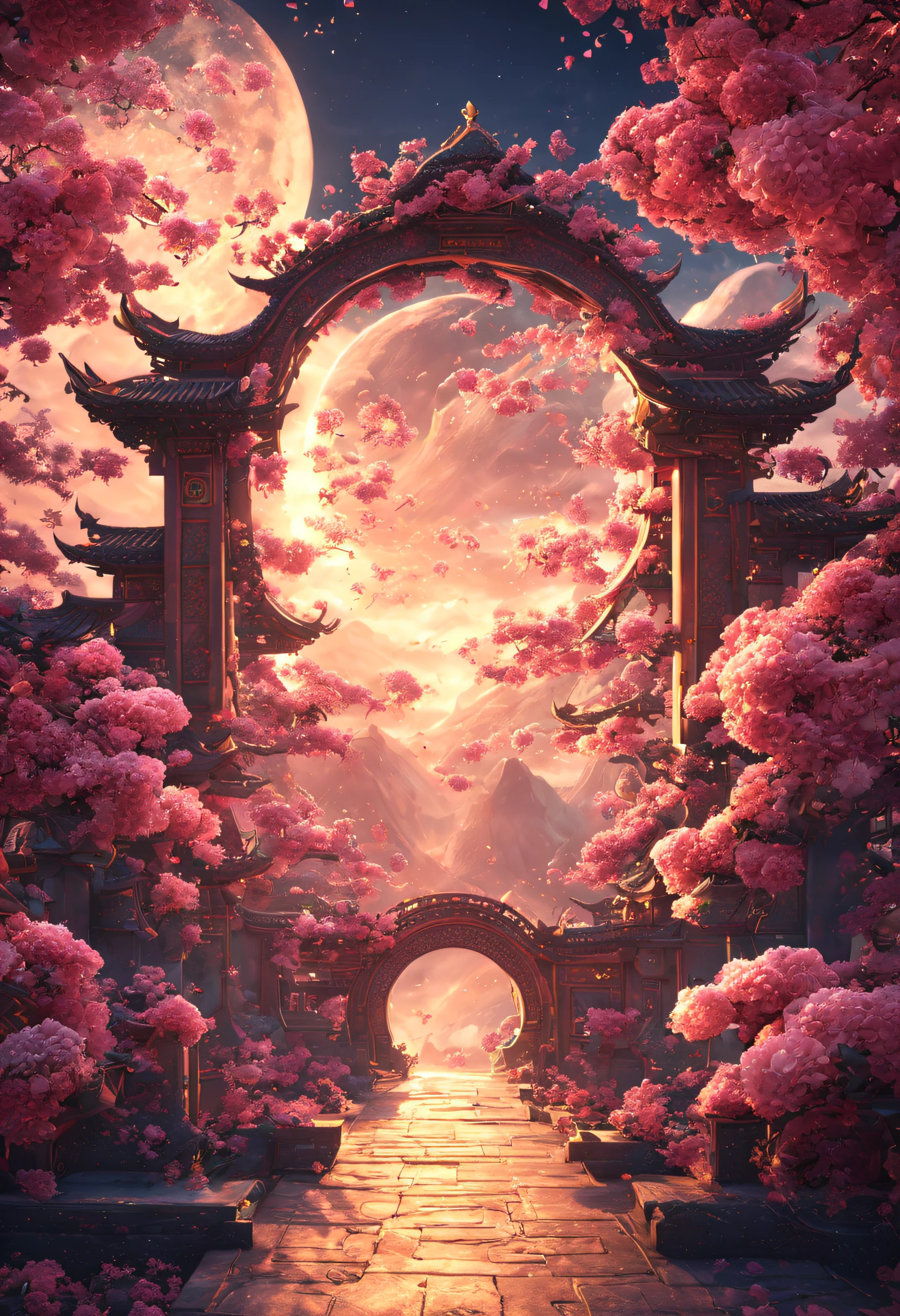 Gorgeous mythical south gate, CG rendering Chinese style, overlooks, myth, wonderland, clear bright rose, Efeito de Luz, dream, starrysky, super detailing, illustratio, 16K Unreal Engine, ethereal clouds. 16K resolution,  8K resolution, Moon, HD 16K processing,,HD --ar 9:16