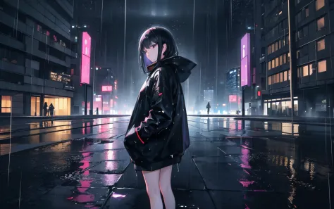 Cyberpunk lights style, (((best quality))) perfect face: 1.2) (top angle view: 1.2) (top angle: 1.2) top view, full body, (standing: 1.2) a girl wearing a long sweatshirt, black sweatshirt, a girl wet from the rain (hands in pocket: 1.2) (Black hair: 1.2) ...