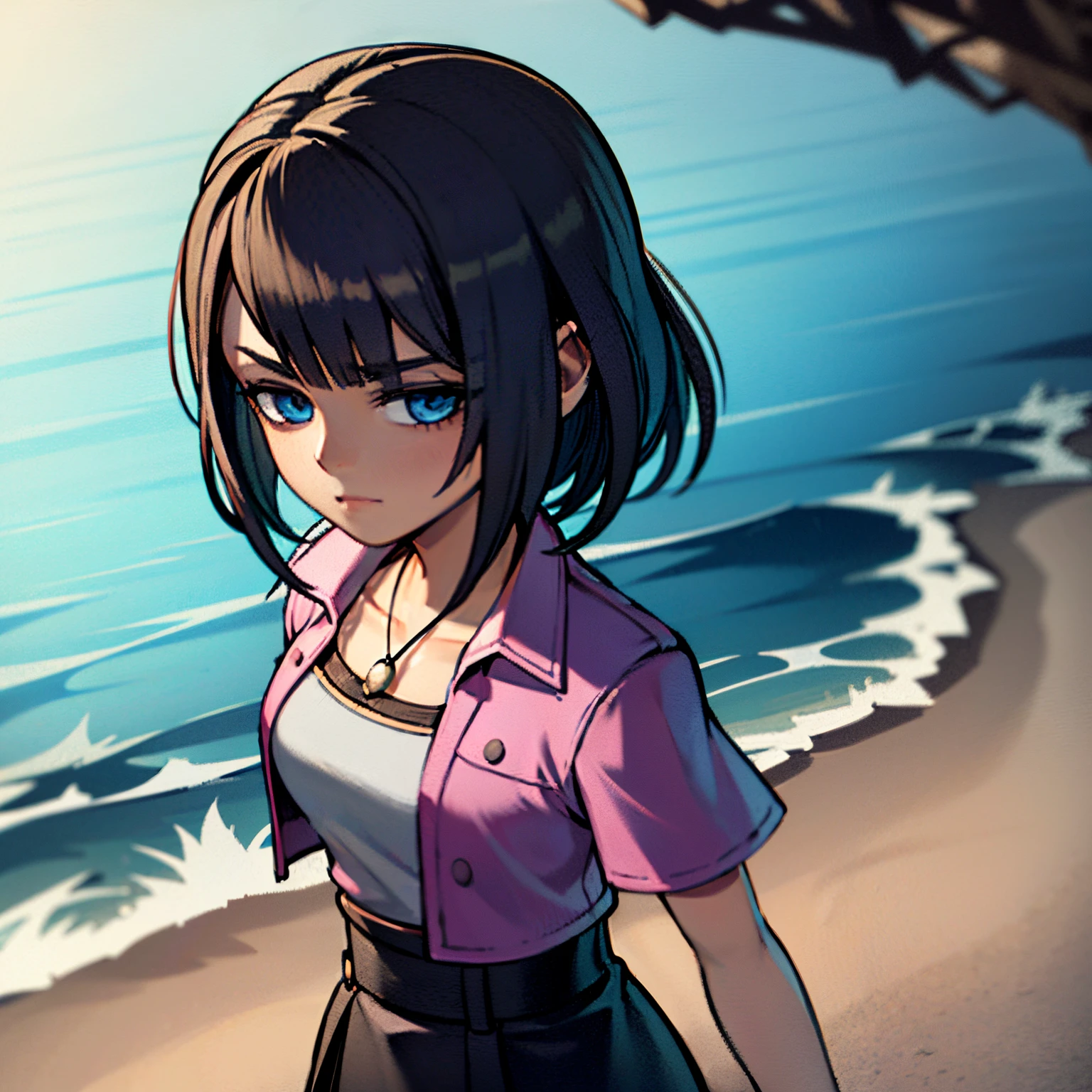 (masterpiece, best quality)), (1girl), (solo), (female focus), young girl, black hair, blue eyes, pink letter jacket, black skirt, silver necklace, in a beach, 4k, masterpiece, accessories, looking at viewer, , female death appearance, dynamic angle, highly detailed, 8k resolution