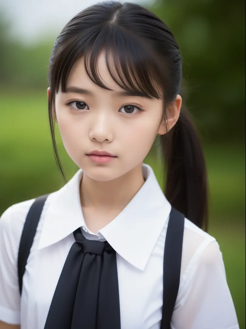 (top-quality、​masterpiece)、Neat and clean schoolgirl、petite person、13yo girl、Ponytail with black hair、Blouse with white collar、Red checked miniskirt、white  panties、beauitful face、(slim, Small, Flat, Small)、Detailed eyes、Black eyes、Double eyelids、outside of...