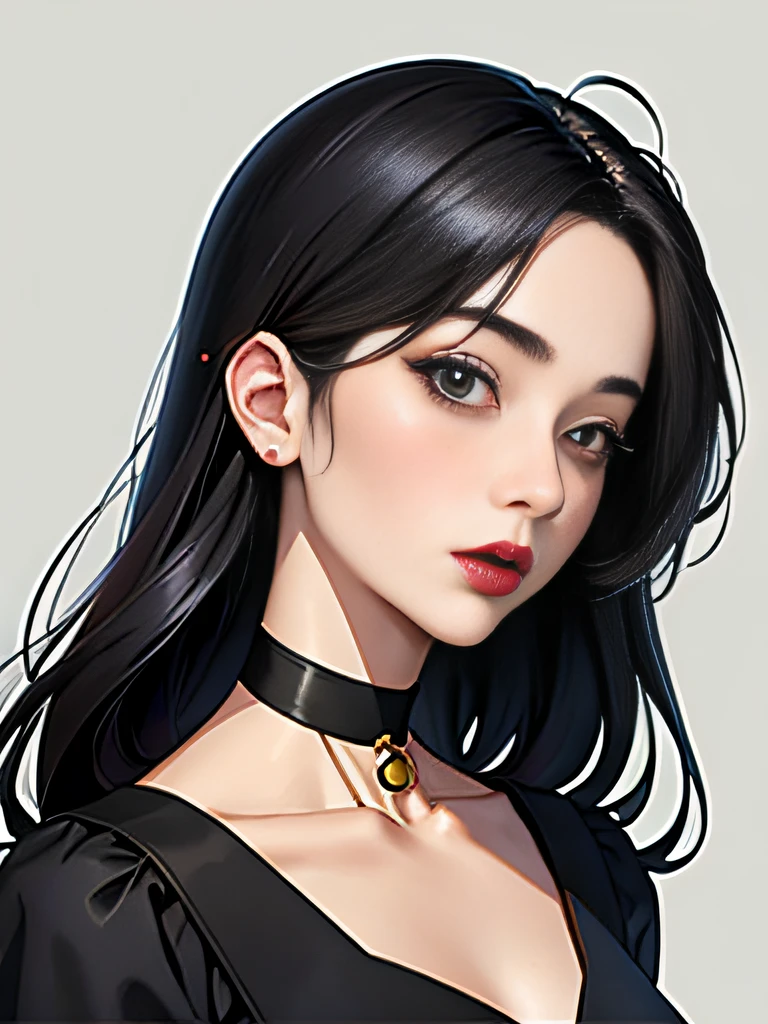 1 girl in, 独奏, jewely, pink black hair, choker necklace, Redlip, Long gray hair, covering eyes, lipsticks, cosmetics, upper part of body, close your mouth, Black dress, Hair above one eye, 鎖骨, a skirt,Black Themes,bad-girl,glistning skin,(A mature woman),Chic, Stylized, nvinkpunk face closeup portrait (((Inquirer))), smooth soft skin, magical big eyes, Beautiful and sophisticated hair dye, Symmetrical, Please keep your eyes open for anime, gentlesoftlighting, Detailed faces, Shen Haicheng, author：Stanley Artejem Liu, ample, Ross Drawing, concept-art, digitial painting, looking up at camera