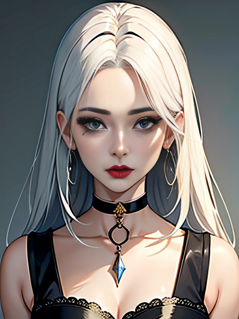 1 girl, solo, jewely, white color hair, choker necklace, Redlip, Long white hair, lipsticks, cosmetics, Upper part of the body, close your mouth, Black dress,A little cleavage， clavicle, a skirt,white theme,bad-girl,glistning skin,(A mature woman),chic, Stylized, nvinkpunk face closeup portrait (((inquirer))), smooth soft skin,Blue pupil， What beautiful big eyes, Beautiful and sophisticated hair dye, Symmetrical, gentlesoftlighting, Detailed faces, Shen Haicheng, author：Stanley Artejem Liu, ample, Ross Drawing, concept-art, digitial painting, looking up at camera