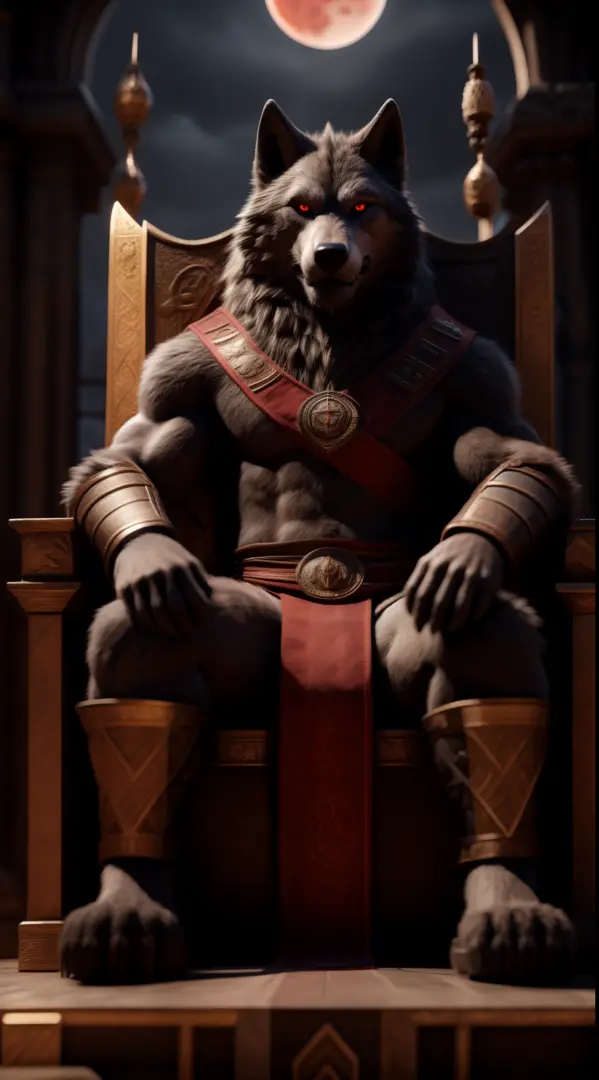 a furry wolf character wearing a Viking outfit and a realistic background from the ancient medieval era alone sitting on his royal throne looking at the viewer serious expression red eyes background of his kingdom and a red moon ultra realistic digital art in 3D full HD super resolution high