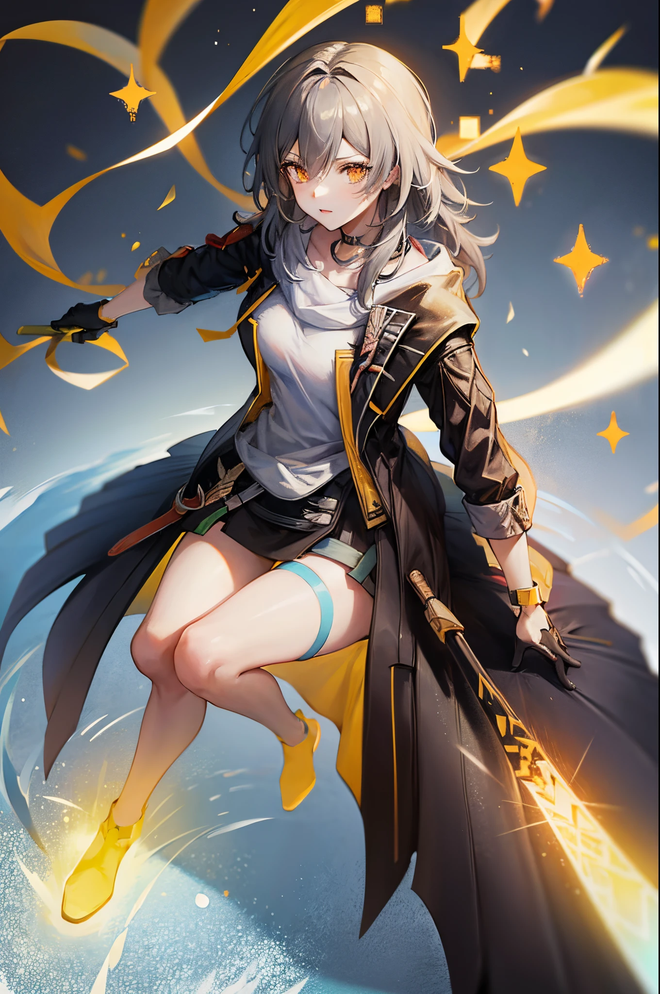 Anime girl with black coat with flame sword, from girls frontline, girls frontline style, rogue anime girl, female protagonist, female action anime girl, girls frontline