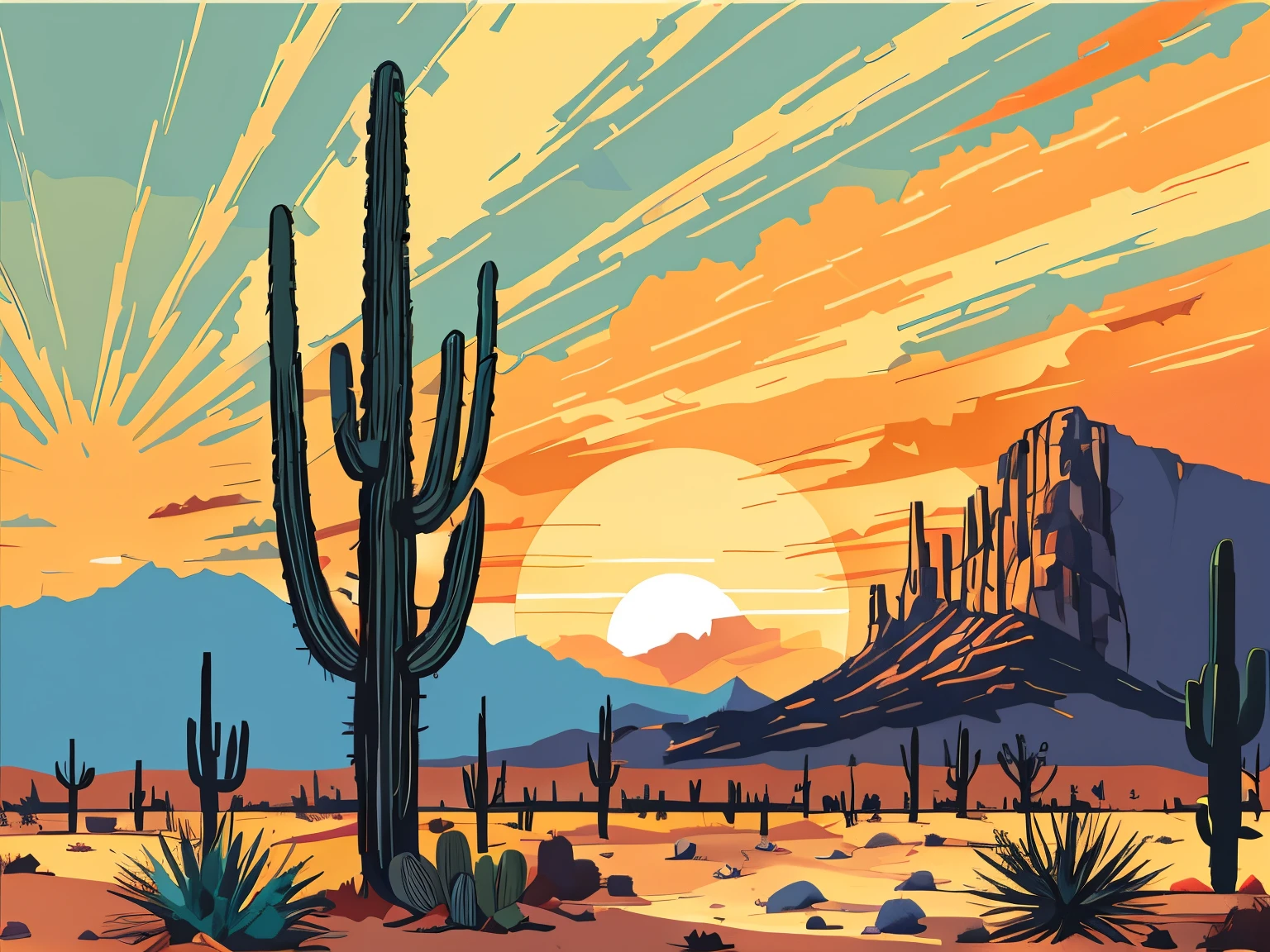 日落时沙漠上的仙人掌, 穩定擴散提示, 高品質, 4k分辨率, 實際的, 删除文本, 詳細的, 鮮豔的色彩, 專業照明, 數位繪畫, 流暢的線條, 向量