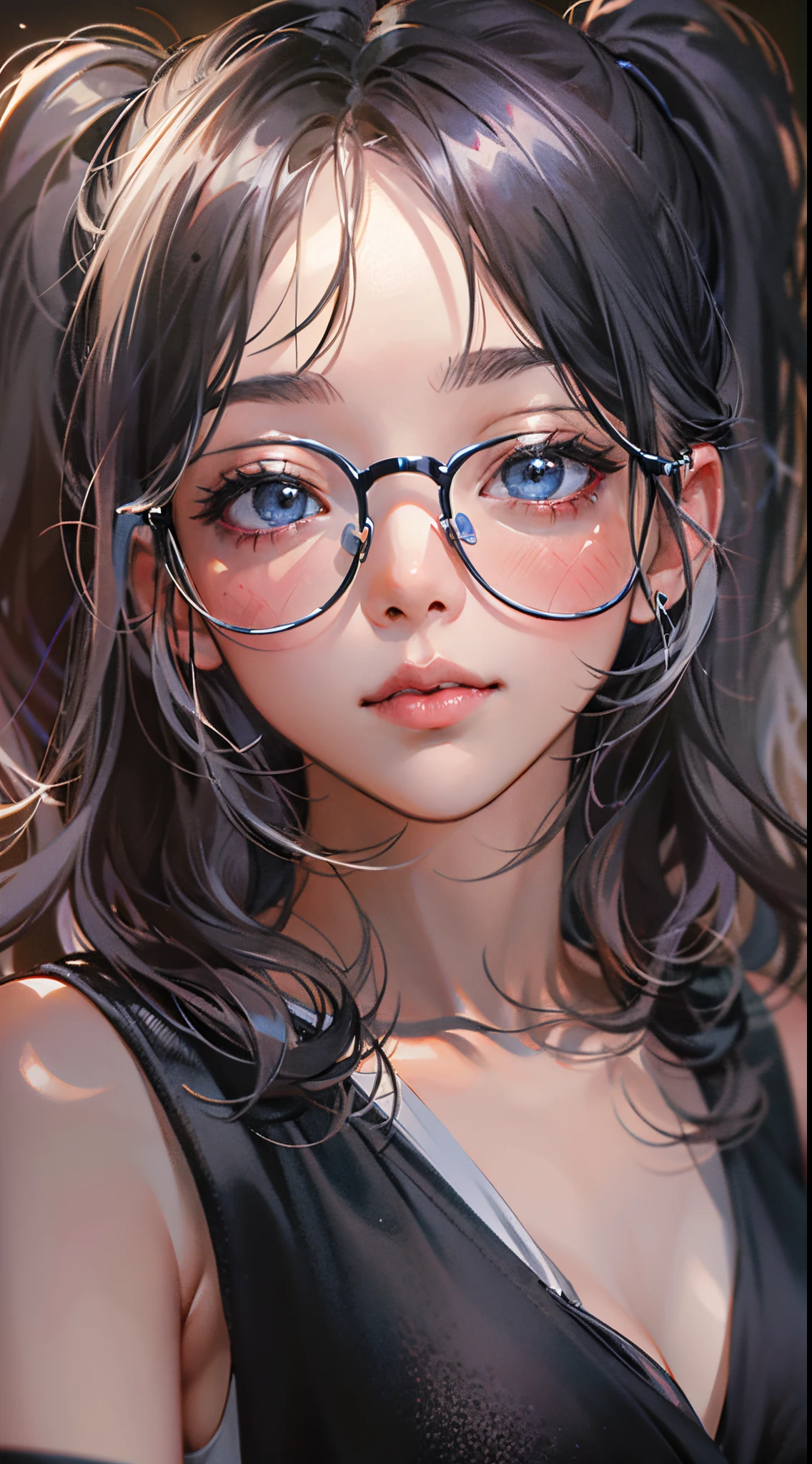 A woman wearing glasses and a black dress is posing, photorealistic anime girl render, artwork in the style of guweiz, kawaii realistic portrait, Hyper realistic anime, with black pigtails, realistic young anime girl, photorealistic anime, 3 d anime realistic, 8K portrait rendering, Realistic anime art style, Anime Realism Style, a hyperrealistic schoolgirl