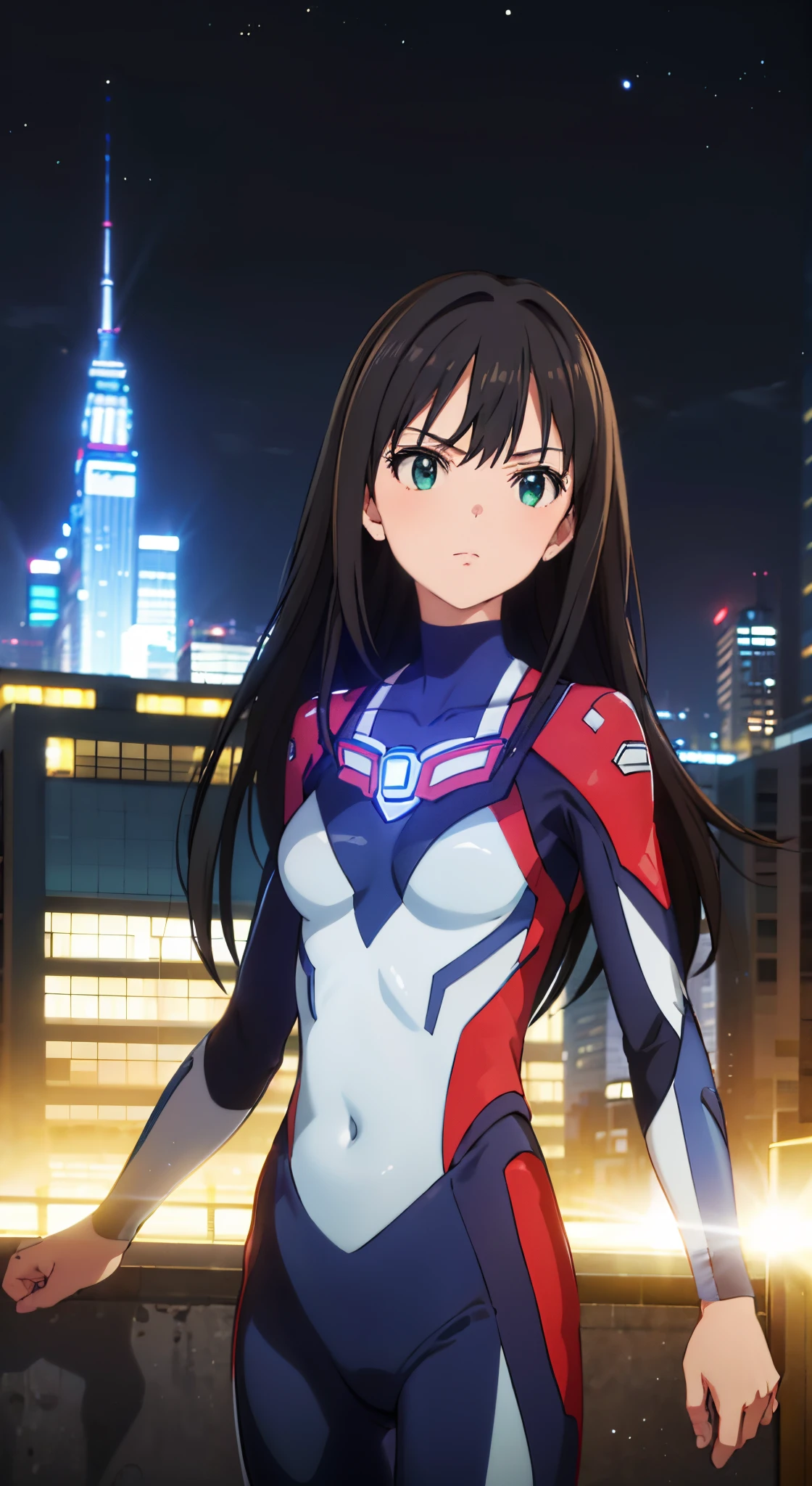 (​masterpiece、top-quality、in 8K、hight resolution:1.2)、Alone、1girl in、 Rin Shibuya, taut clothes、cowboy  shot、Look at viewers、Hero Suit、body suit、tight suits、(nffsw :1.0), ultraman bodysuit、Trained abs、Trained biceps、glowing gemstone on the chest、(Buildings:1.2)、nighttime scene