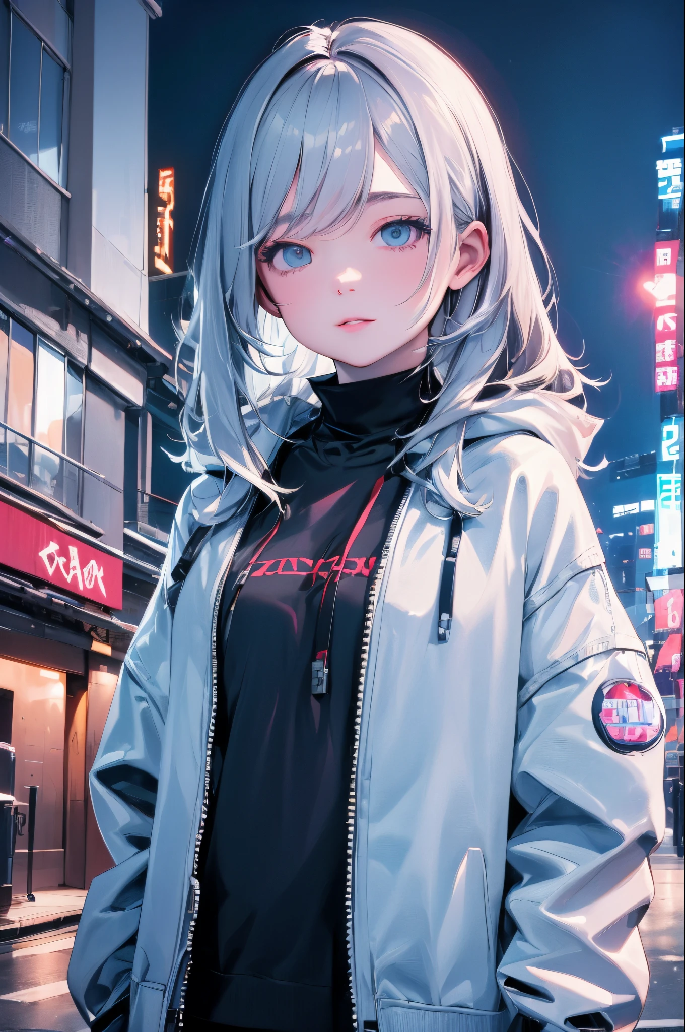 (exceptional, best aesthetic, new, newest, best quality, masterpiece, extremely detailed, anime, waifu:1.2)
BREAK
1girl, solo, silver hair, blue eyes, white jacket, street, night, neon lights