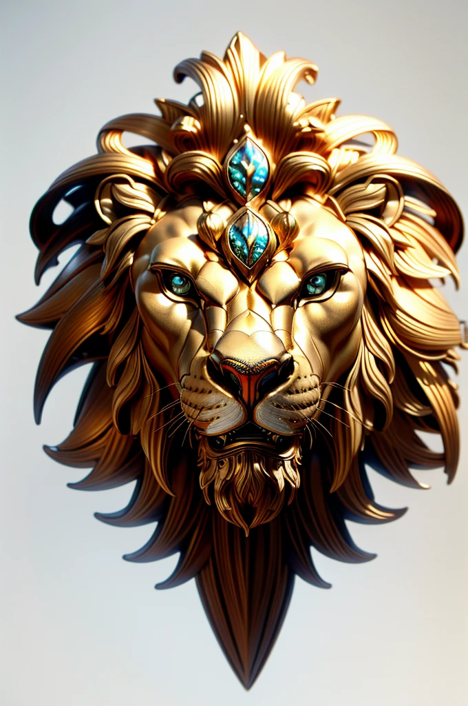 Steel lion head with lots of fractal clefts, white background, highly detailed, realistic, 8k, in frame