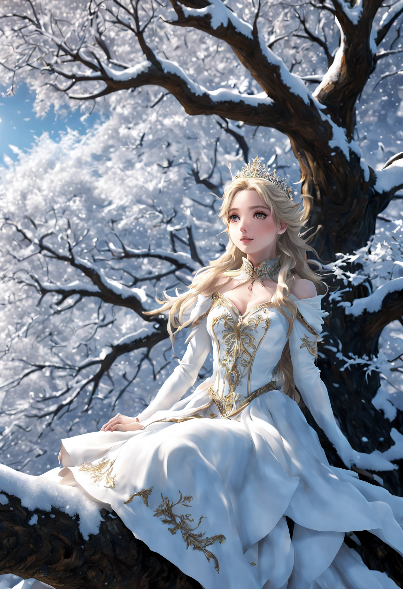 illustration of snow scenery, tree, a 'Snow White princess' sitting in majestic tree, ((snow)), snowy, windy,  full frame, ultra-wide-angle, octane render, enhance, intricate, anime screencap, (best quality, masterpiece, Representative work, official art, Professional, unity 8k wallpaper:1.3)