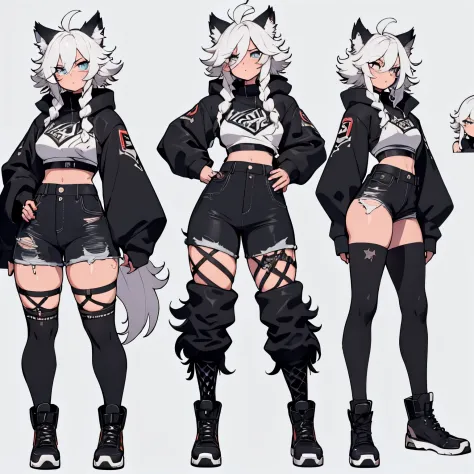 male with wolf ears, has white hair, is male, male, short, wearing fur lined cropped hoodie, wearing denim short shorts, wearing thigh high fishnets, wearing black combat boots, SOLO, ALONE, (SOLO)(ALONE), has blue eyes, (Perfect eyes)(Masterpiece) thick t...
