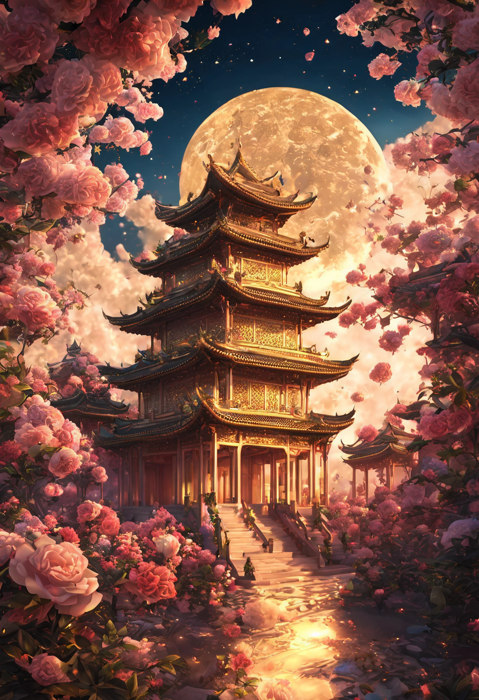 Wunderschöner goldener chinesischer Palast, CG-Rendering im chinesischen Stil, übersieht, Mythos, wonderland, Umgeben von Rosen, Die Rosenstraße. Rosenbusch, klares leuchtendes Rosa, Lichteffekt, Traum, starrysky, super Detaillierung, Aufklärung, 16K Unreal Engine, ätherische Wolken. Mond, HD 16K-Verarbeitung,,HD --AR 9:16