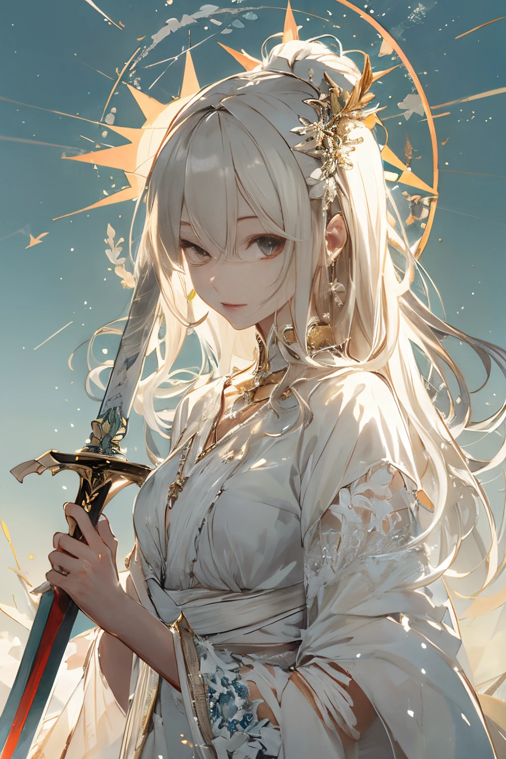 zartes und anmutiges Schwert, Frau mit Schwert、perfekte Anatomie、Niedlich、Sonne Hintergrund