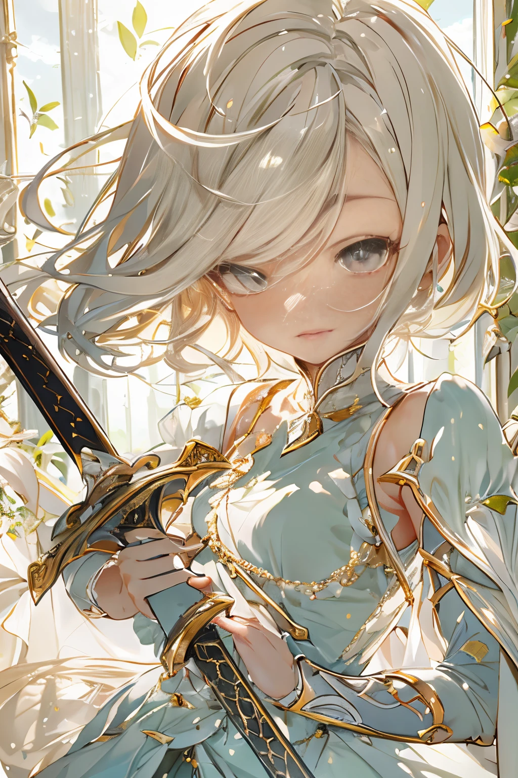 espada delicada y elegante, Mujer con una espada、anatomía perfecta、lindo、Sun background