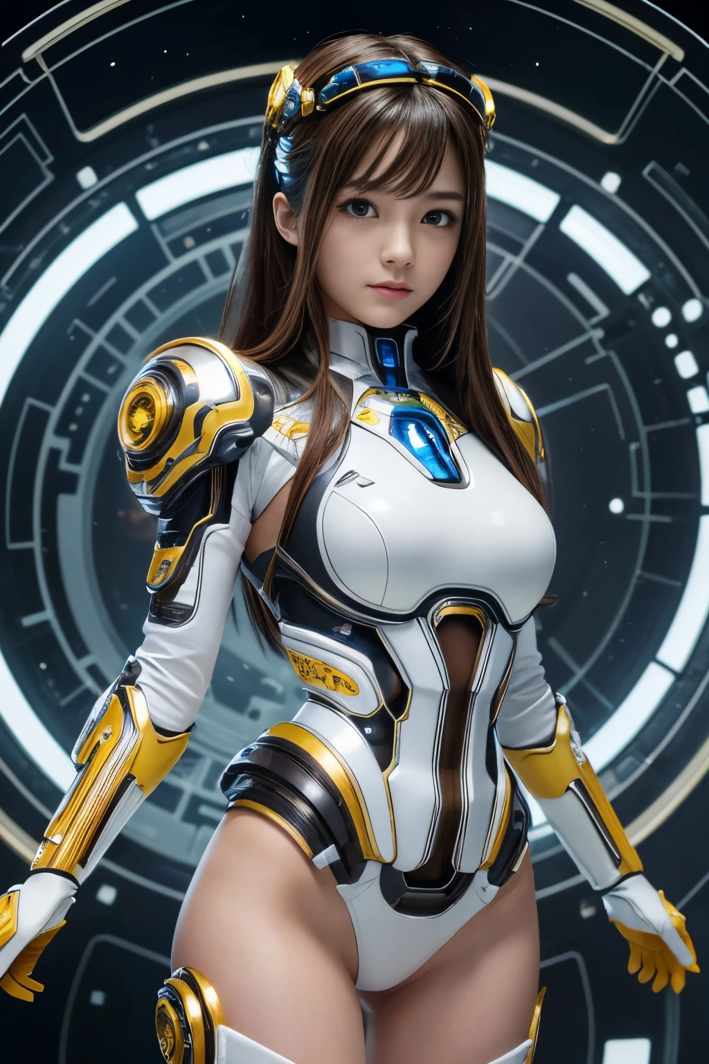 (mejor calidad ,Alta resolución,​obra maestra:1.2), ultra detallado, Realista:1.37, (anatomía perfecta), cuerpo completo como,1 chica en, volador, Linda y perfecta hermosa mujer cyborg japonesa, , ANDROIDE, (Cirugía cíborg) Modo de batalla　Mirada de batalla, Ojos bonitos, Postura de combate, cuerpo completo como, rasgos faciales detallados, pelos detallados, traje detallado, ojos impresionantes, hermosos labios, 　Pelo castaño　, Disfraz biopunk detallado blanco y amarillo, ciberespacio