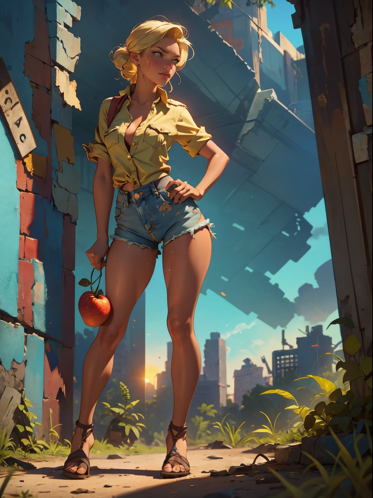 2076 year. The Urban Ruins of the Wasteland, Female huntress picking fruit in the garden, beautiful face, blonde, badly torn shirt and denim shorts ,  long legs, sweating through, sun rising, Nice warm colors, head to toe, full body shot, pretty hands, perfect fingers,