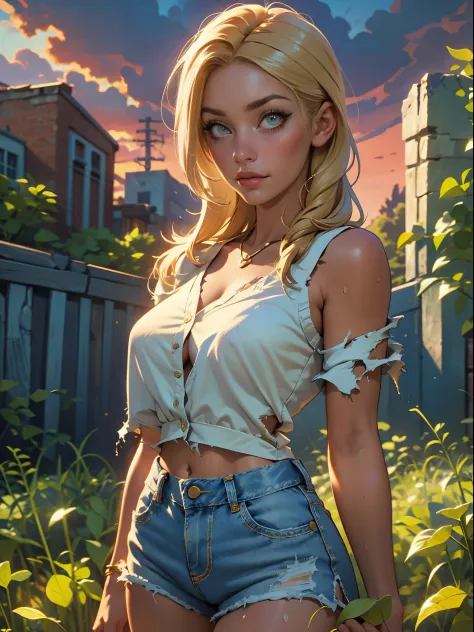 2076 year. The Urban Ruins of the Wasteland, Female huntress picking fruit in the garden, beautiful face, blonde, badly torn shi...