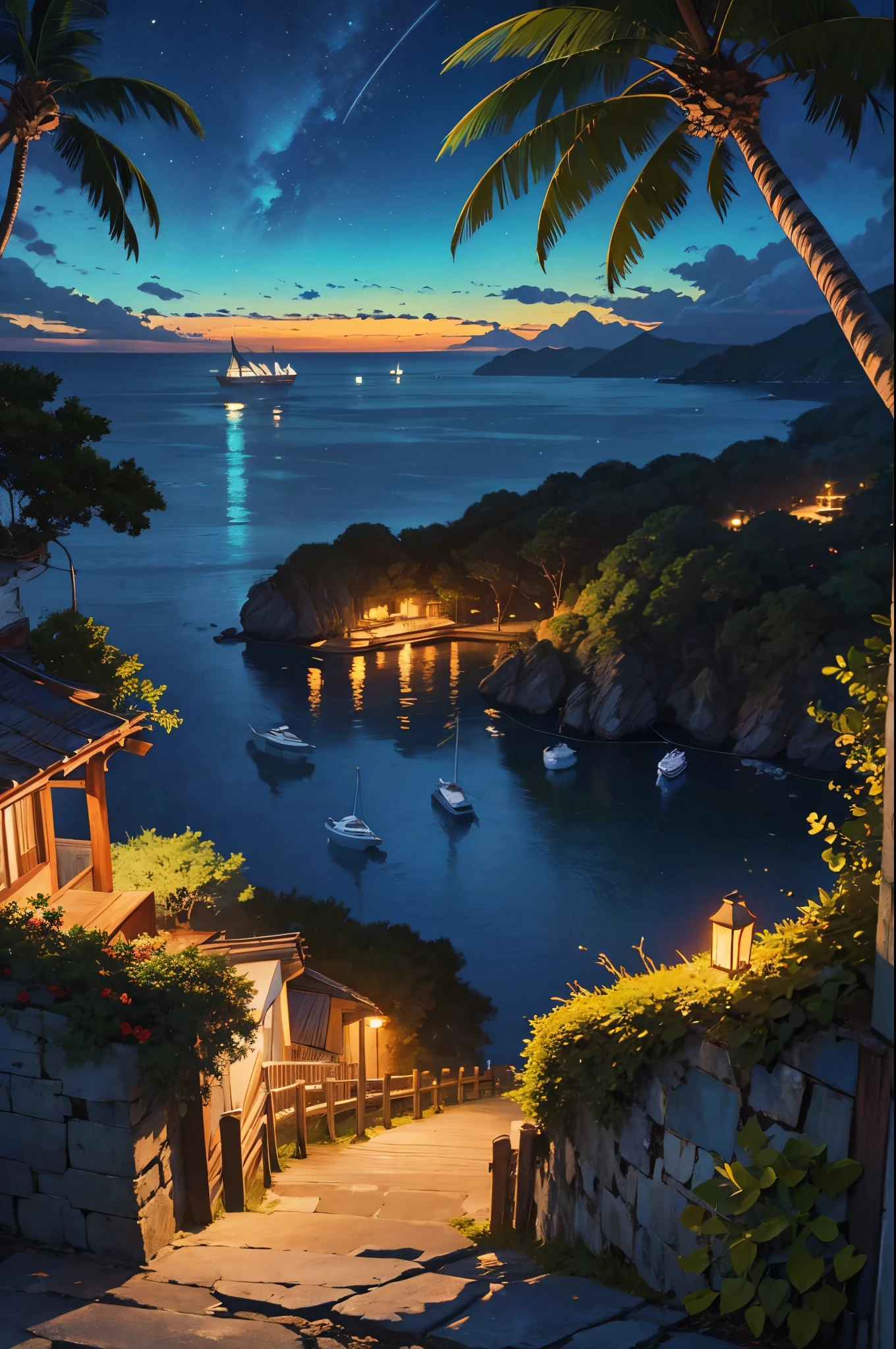 very detail painting, village harbor at late sunset with a sky background, a distance sailing boat, peaceful night, incredibly beautiful anime landscape, calm evening, distance forest hills, sea cliff, coconut trees, beautiful anime landscape, view from above, anime movie background, high quality desktop wallpaper, landscape wallpaper